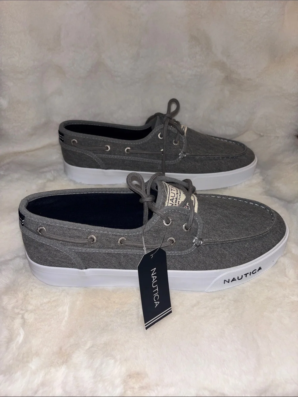 Nautica Men's Gray Canvas Lace-Up Boat Shoes with White Sole